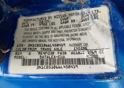 2006 Nissan Sentra 1.8S z USA, uszkodzony, nr VIN 3N1CB51D66L458419